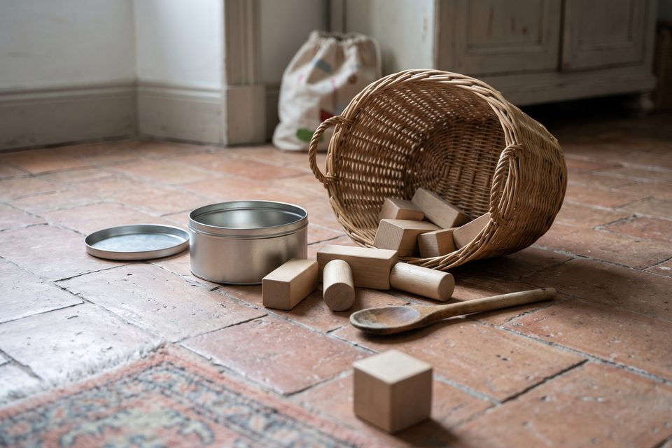 Panier en osier renversé sur des tomettes, quelques cubes en bois et une boîte en métal ouverte éparpillés autour