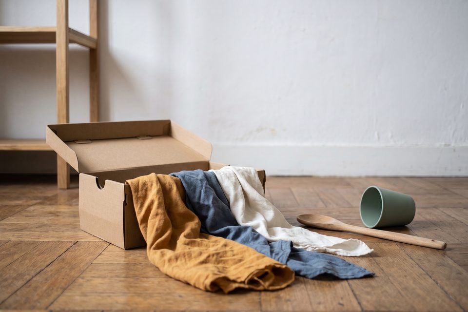 Boîte en carton ouverte d'où dépassent trois foulards de coton, posée sur un parquet de chêne près d'une étagère basse