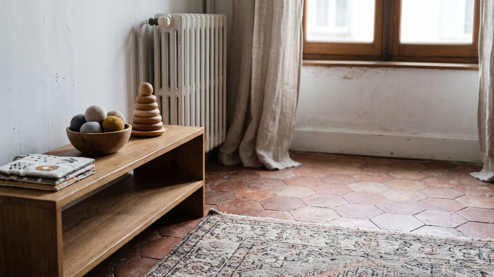 Étagère basse en bois avec quelques objets d'éveil rangés, dans une pièce éclairée par une fenêtre
