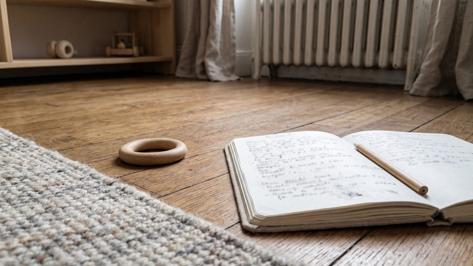 Carnet ouvert et crayon posés sur un parquet, à côté d'un anneau en bois