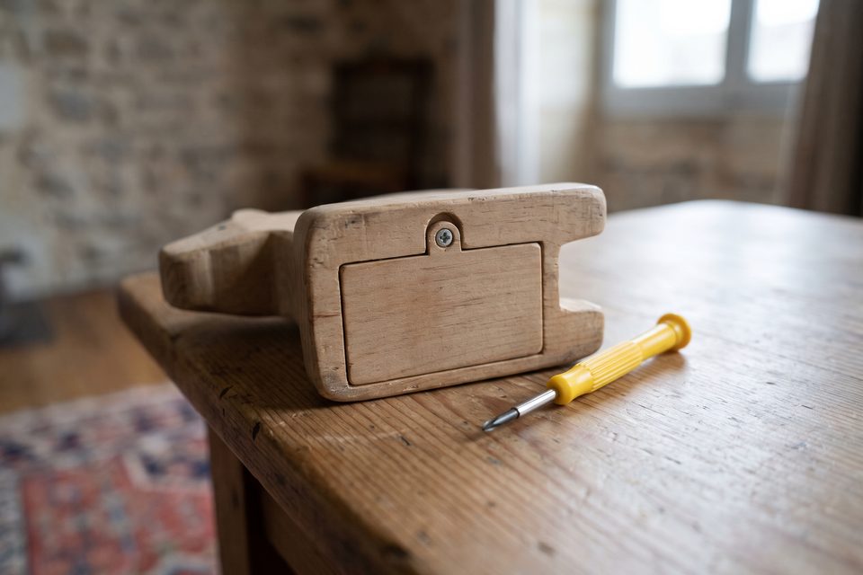 Boîtier à piles d'un jouet en bois retourné sur une table, fermé par une vis, à côté d'un petit tournevis