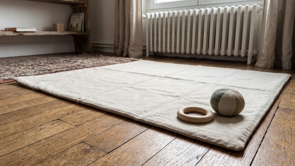 Tapis d'éveil en coton uni déplié sur un parquet de chêne, avec un anneau en bois posé dans un coin