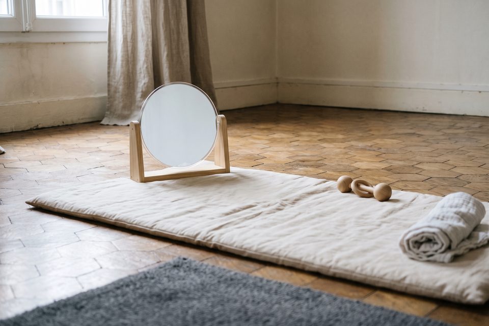 Tapis de coton uni au sol avec un miroir incassable posé debout et un hochet en bois, lumière douce du matin sur le parquet